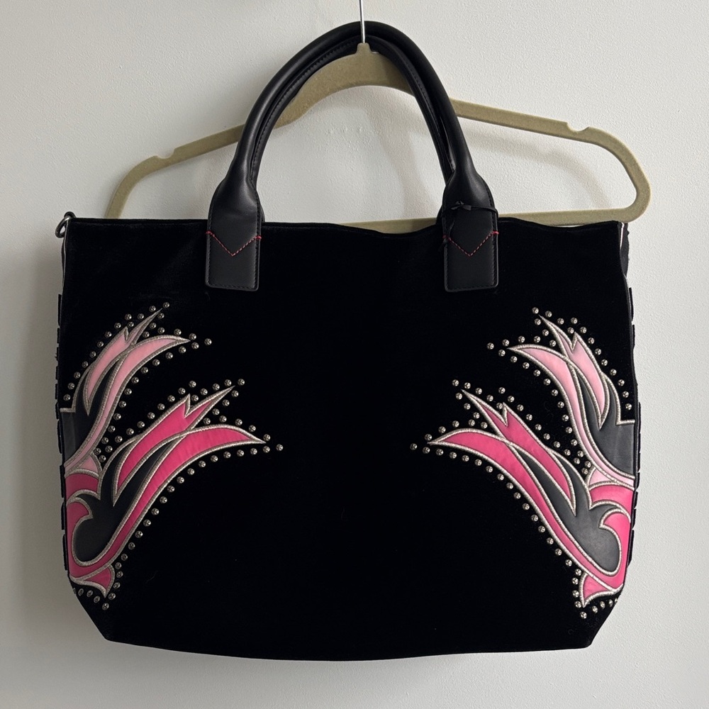 Pinko velvet black Tote with Pink and Gray Design and metal studs